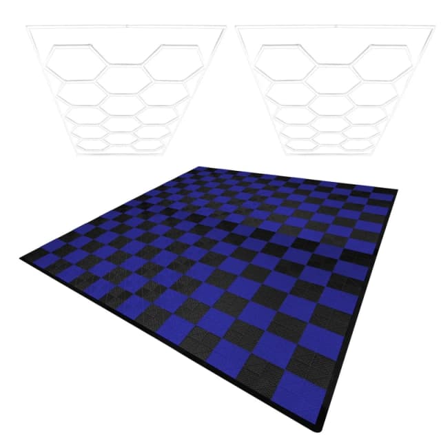 Monstershop Hexagon LED Lights x 2 & Vented Garage Floor Tiles With Edges - 120 Black & 120 Blue Black