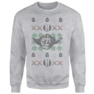 Star Wars Yoda Face Knit Grey Christmas Sweatshirt - L - Grey