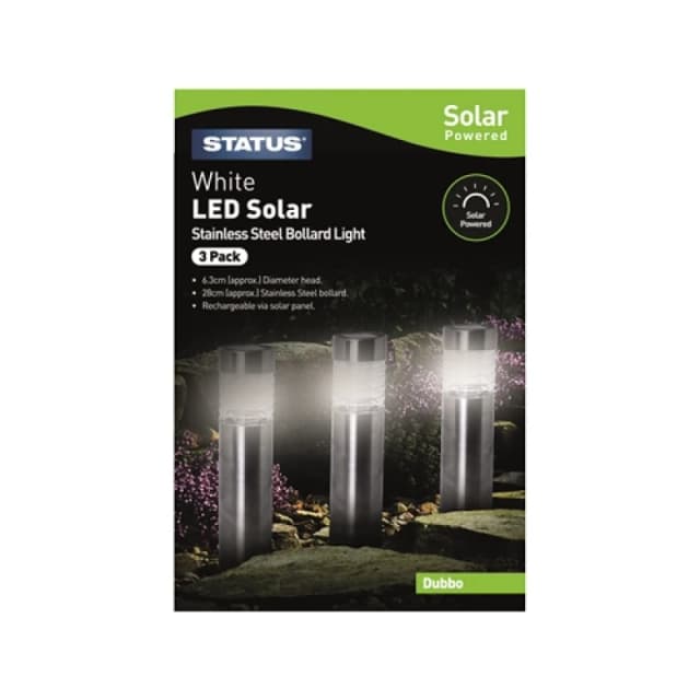 Status Dubbo - 6.3cm - white LED - Solar - Bollard Stake Light - Stainless Steel, 3 Pack