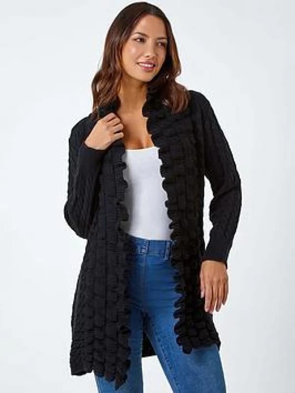 Roman Longline Ruffle Detail Cardigan Black female