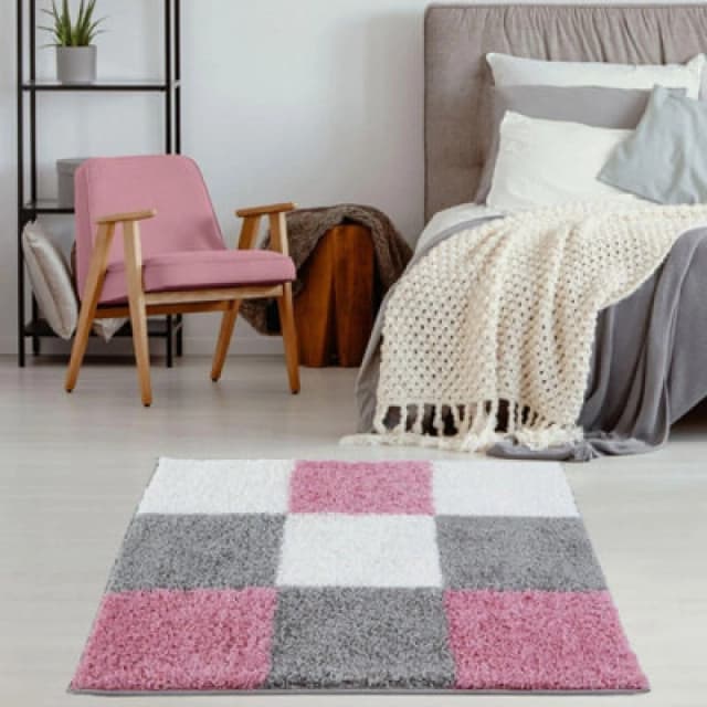 THE RUGS Fluffy & Soft Shaggy Rugs Living Room Rug in Pink - Elegant Geometric Design Carpets For Bedrooms & Kitchen 381 Size: 120cm x 120cm Pin
