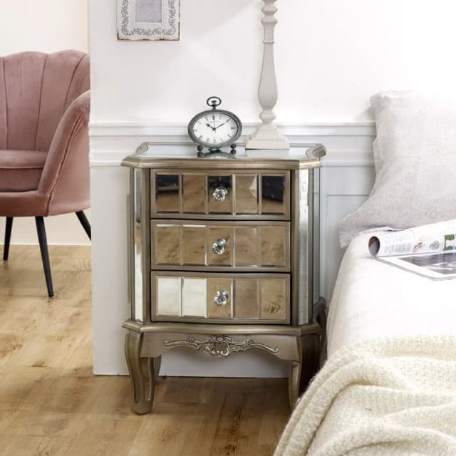 Melody Maison Mirrored 3 Drawer Bedside Table - Tiffany Range Silver