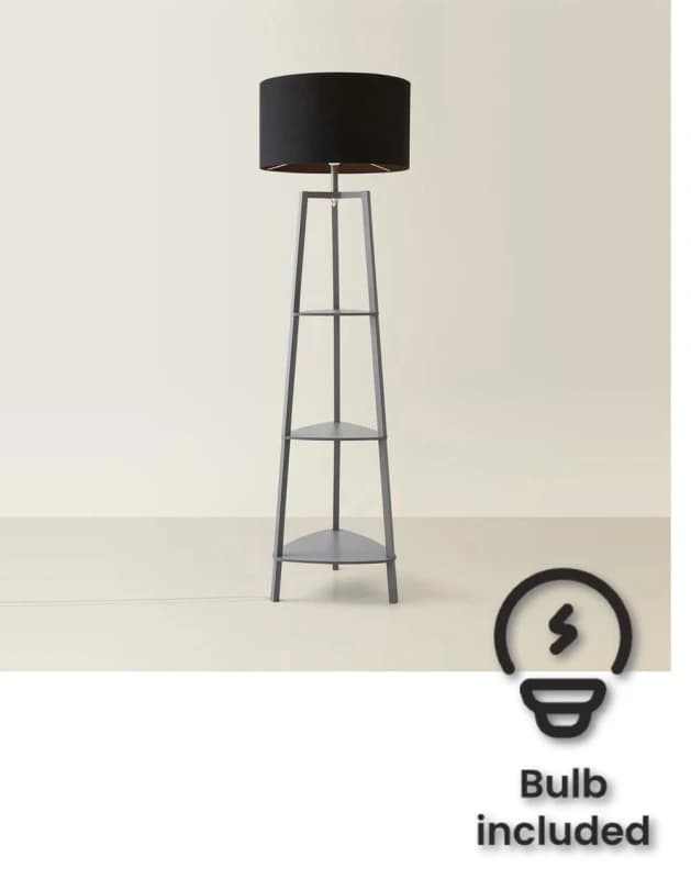 ValueLights ValueLights Hiru Grey 3 Tier Shelf Floor Lamp with Large Drum Shade and Bulb in Black One Size Unisex 5059406034480