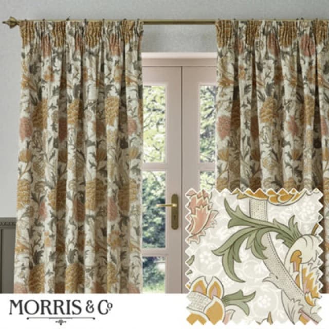 Morris & Co Morris & Co Cray Floral Velvet Room Darkening Pencil Pleat Curtains in Stone Size: 117cm width x 137cm drop Stone 117cm width x 137cm dr