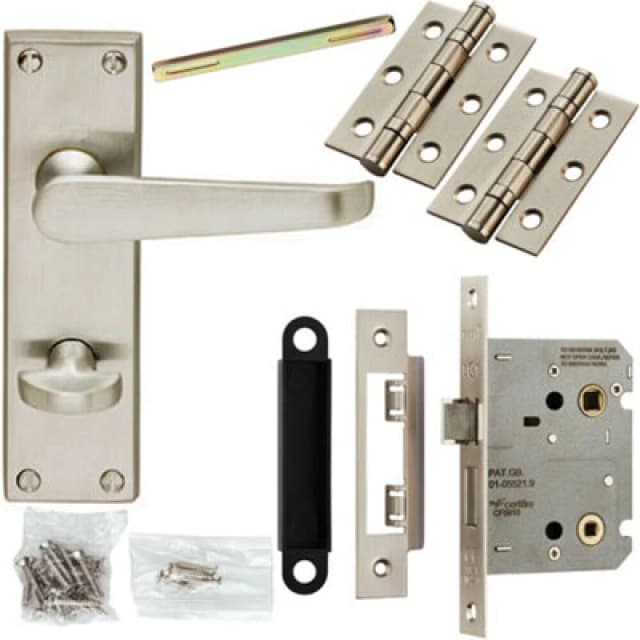 Loops Door Handle & Bathroom Lock Pack Satin Chrome Victorian Flat Lever Backplate Multi