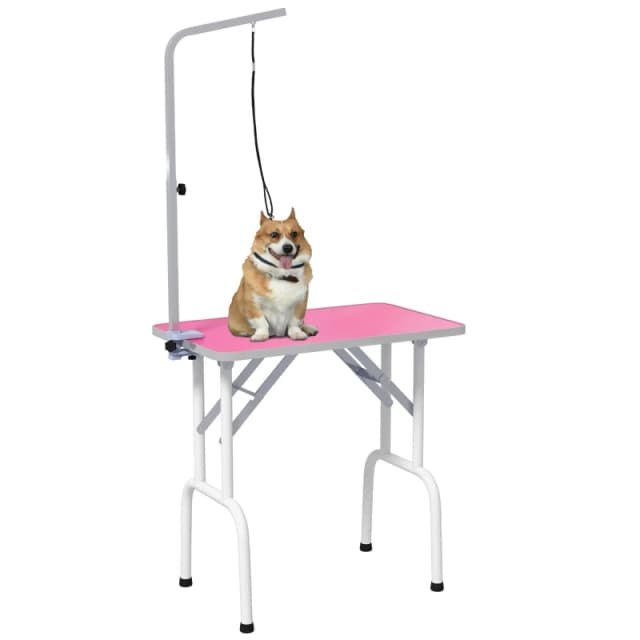 PawHut Foldable Dog Grooming Table Adjustable Arm for Small Dogs 81x49x80cm Pink