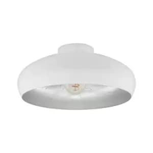 Semi Flush Ceiling Light White & Silver Round Shade 1 x 60W E27 Bulb Feature