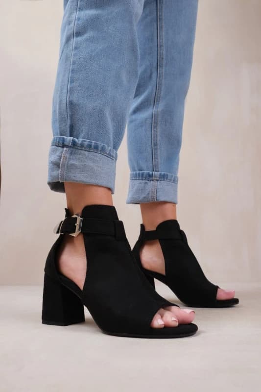 Wheres That From Lisa Wide Fit Block Heel With Side Buckle And Open Black Suede female 7