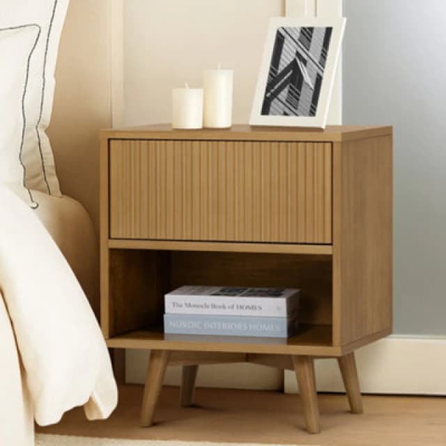 Teamson Home Tremolo Bedside Table 1 Fluted Push-Open Drawer Nightstand, Natural