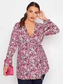 Yours Wrap Flute Sleeve Top Fuchsia Floral, Pink, Size 18, Women