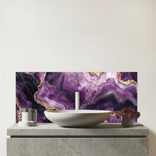 Warren Reed - Designer Deep Purple Marble Effect Glass Bathroom Splashback Purple Unisex