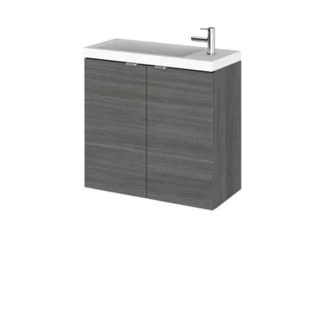 Hudson Reed Fusion Wall Hung 2 Door Vanity Unit & Polymarble Basin, Sink Vanity Unit, Anthracite Woodgrain, 600mm