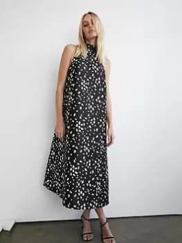 Warehouse Dalmatian Print Satin Twill Bow Back A Line Midi Dress - Black, Size 8, Women
