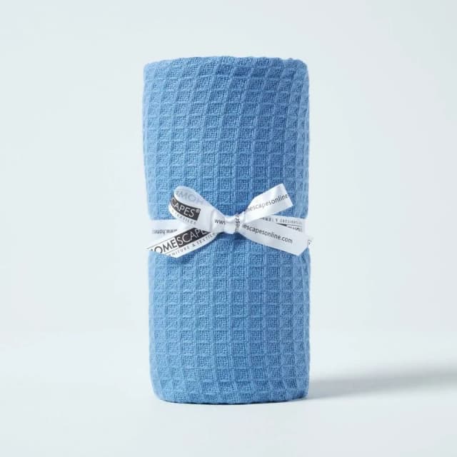Homescapes Organic Cotton Waffle Baby Blanket Blue, 125 X 150 Cm