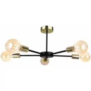 Keter Sun Multi Arm Semi Flush Ceiling Light Black, Gold, 48cm, 5x E27