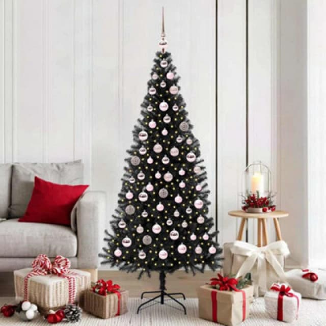 vidaXL Christmas Tree with 300 LEDs, Pink Balls with Stand Black 180cm PVC, Black 3396480