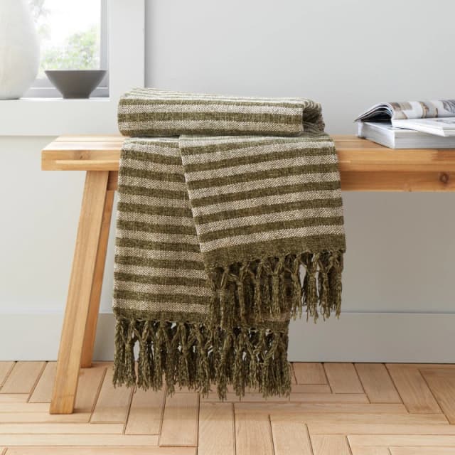Catherine Lansfield 'Stripe Chenille' Blanket Throw Olive