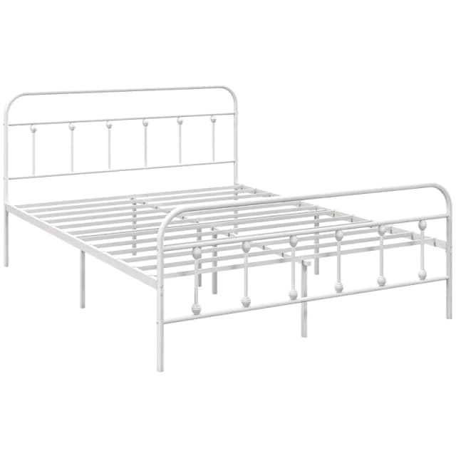 HOMCOM 4ft Metal Double Platform Bed Frame w/ Underbed Storage Headboard White - White TJ Hughes 5056725564155