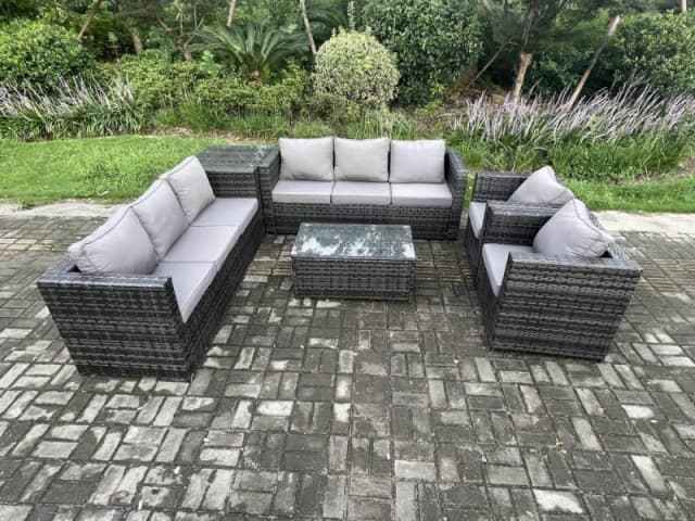 Fimous 8 Seater Outdoor Lounge Sofa Set Wicker PE Rattan Garden Furniture Set with 2 Armchair Oblong Coffee Table Side Table Dark Grey Mixed Dark Grey