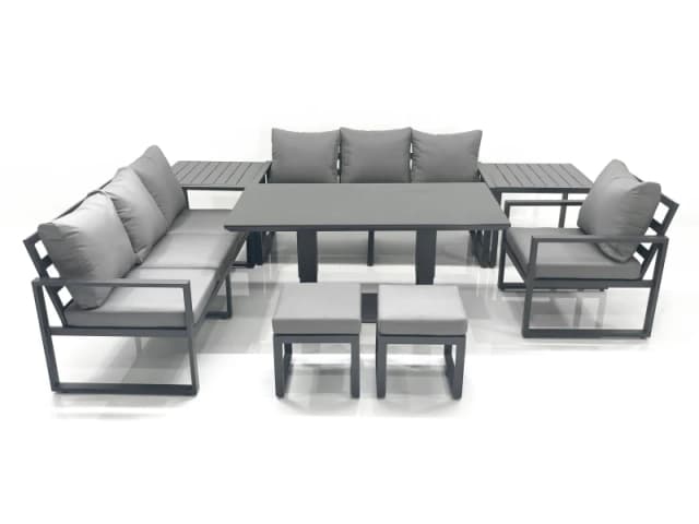 Fimous Outdoor Garden Furniture Set Aluminium Lounge Sofa Adjustable Rising Lifting Dining Table Sets with 2 Small Footstools 2 Side Tables Dark Grey