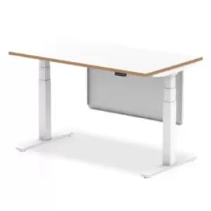 Oslo 1400mm Height Adjustable Desk White Top Natural Wood Edge White Frame With White Steel Modesty Panel