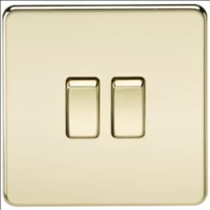 KnightsBridge 10A 2G 2 Way 230V Screwless Polished Brass Electric Wall Plate Switch