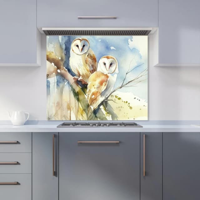 Warren Reed - Designer Barn Owls Watercolour Kitchen Splashback in Brown Size: 600mm x 750mm Brown Unisex 600mm x 750mm