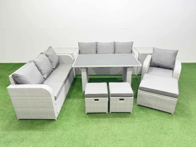 Fimous 10-seater Patio Rectangular Table Sofa Set with 2 Side Tables 3 Stools in Light Grey Light Grey Unisex