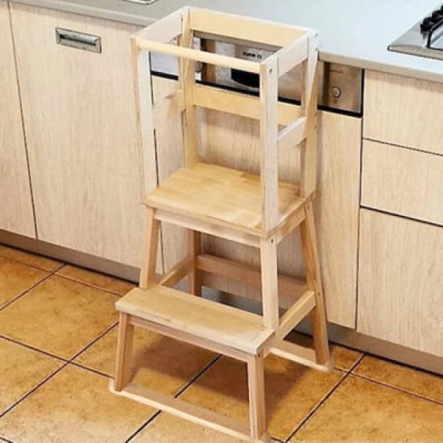 Gr8 Home Wooden Childrens Toddler Learning Step Stool Stairs Ladder Kitchen Helper Tower Natural unisex