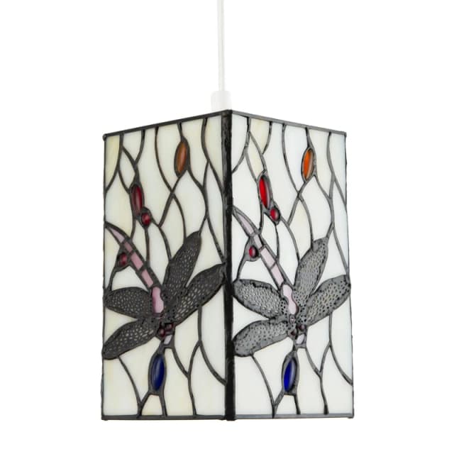 Happy Homewares Stained Glass Dragonfly Rectangular Tiffany Pendant Light Shade in White White Unisex