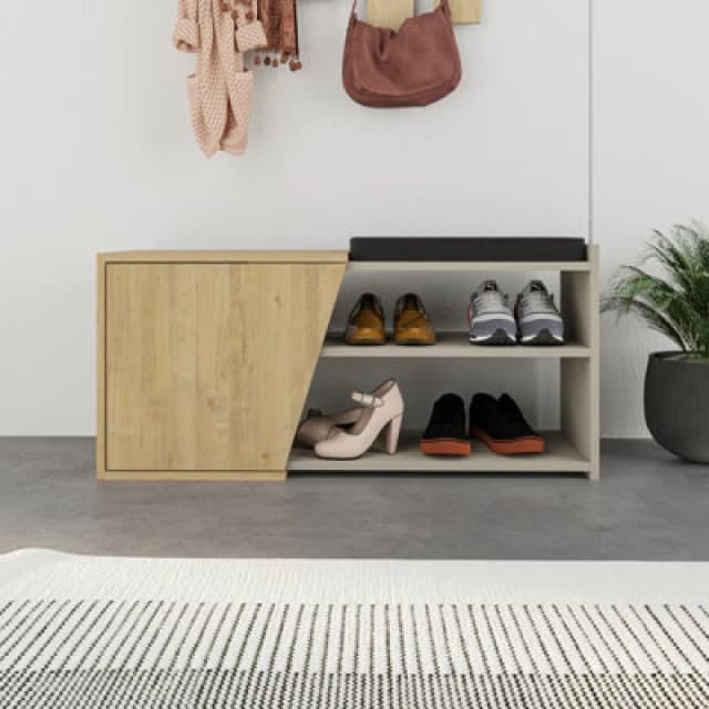 Decortie Modern Fiona Shoe Bench With Storage Space Up To 6 Pair Shoes 104.6(W)Cm Sandstone, Oak