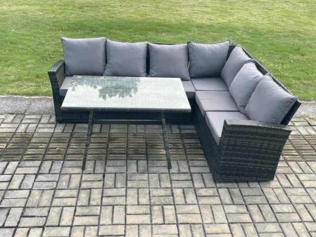Fimous Outdoor Furniture Garden Dining Set Rattan Corner Sofa Set Rectangular Dining Table with Temper Glass Dark Grey Mixed Dark Grey Unisex