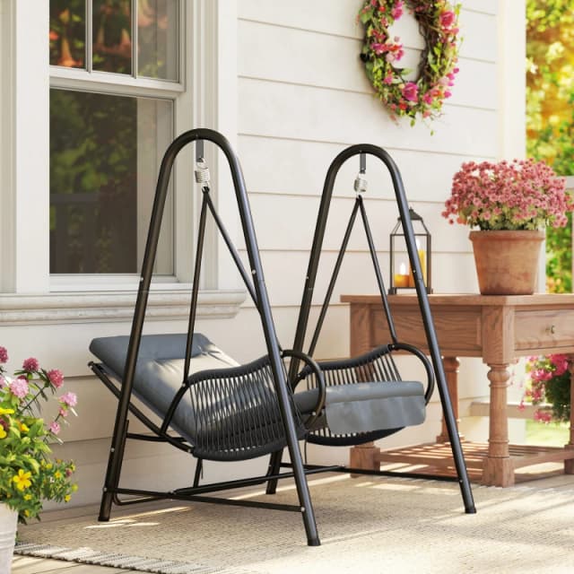 Outsunny Rattan Swing Chair with Stand and Seat Cushion, Dark Grey 867-278V70CG