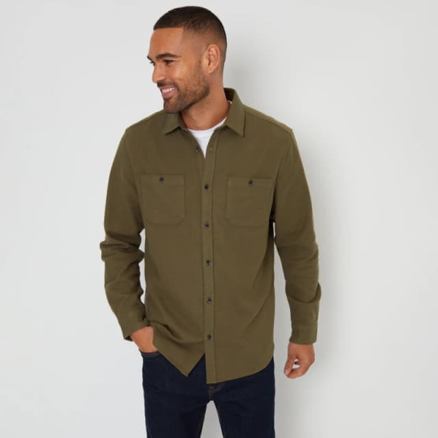 Threadbare 'Barnfied' Brushed Cotton Flannel Long Sleeve Shirt Khaki