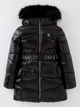 Calvin Klein Jeans Girls Belted Long Down Coat - Black, Size 14 Years, Women