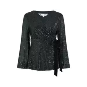Yumi Black Sequin Wrap Top With Velvet Tie - Black