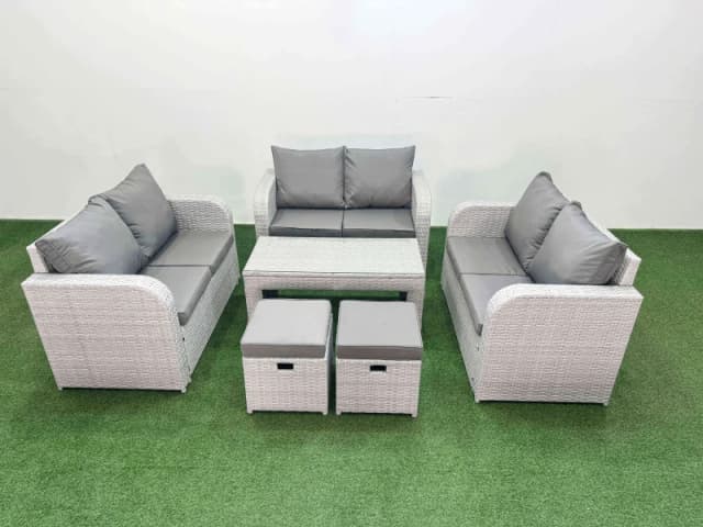 Fimous 8 Seater PE Wicker Rattan Furniture Sofa Sets with Oblong Coffee Table 2 Seater Love Sofa 2 Stool Light Grey Light Grey