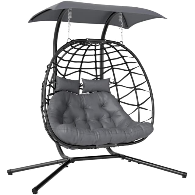 Outsunny Rattan Double Hanging Egg Chair with Canopy, Cushion, Black 867-240V70BK