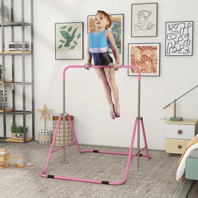 HOMCOM Kids Gymnastic Bar w/ Adjustable Height, Foldable Training Bar - Pink 340-005V01PK