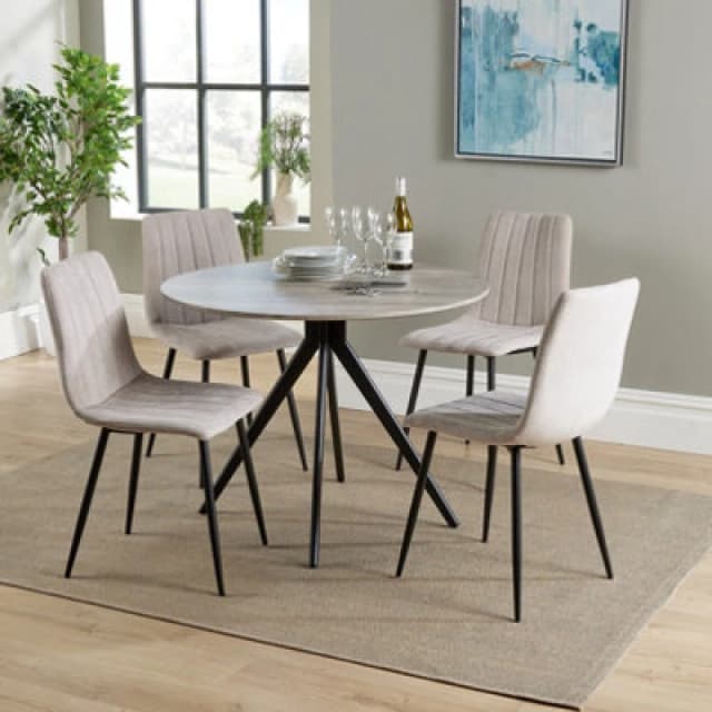 Core Products Aspen Grey Oak Effect 100Cm Round Dining Table With 4 Natural Fabric Straight Stitch Design Chairs