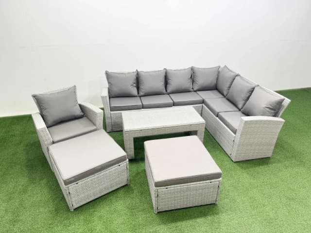Fimous 9 Seater Garden Outdoor Rattan Furniture Set Coffee Table with Stools in Light Grey Light Grey Unisex