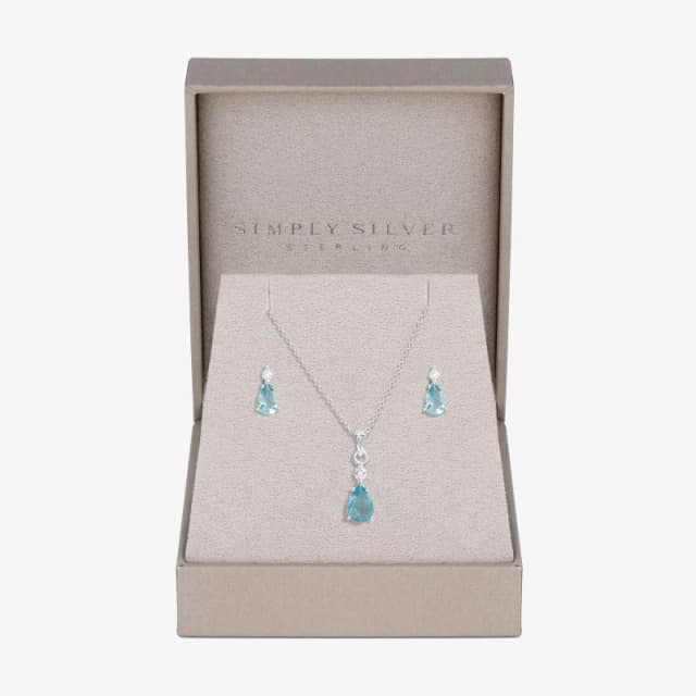 Simply Silver Sterling Silver 925 Cubic Zirconia and Aqua drop set- Gift Boxed Silver