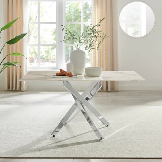 FurnitureboxUK FurnitureboxUK Leonardo 6-Seater Dining Table With Marble Effect Glass Top And Silver Metal Legs in White White One Size Unisex 5056542