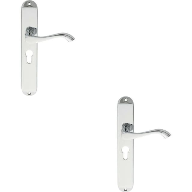 Loops 2x PAIR Curved Lever on Long Slim Euro Lock Backplate 241 x 40mm Polished Chrome Multi