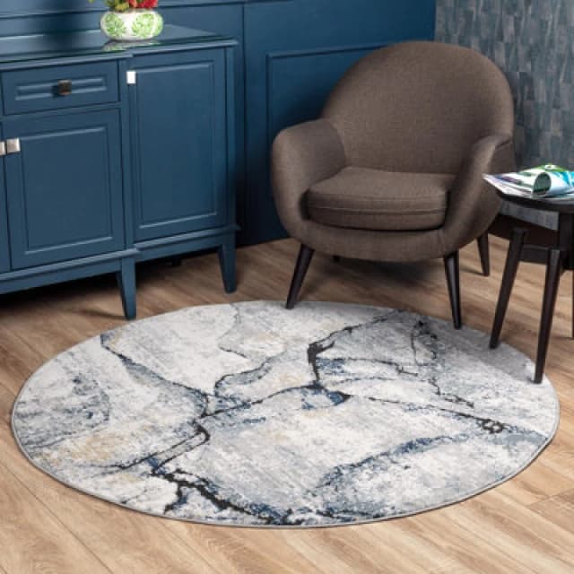 Livabliss Round Abstract Modern Marble Dark Blue Lyna Area Rug 160 X 160 Cm - Easy Care, Non Shedding, Ideal For Living Room & Bedroom