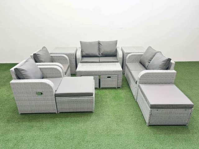 Fimous Pe Wicker Rattan Furniture Sofa Sets With Oblong Coffee Table Love Sofa Reclining Chair 4 Stools 2 Side Table
