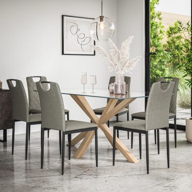 More4Homes Etta Glass Dining Table And Chairs - Glass Top W Solid Oak Legs + Monza Fabric Dining Chair Set Of 6 (Grey)
