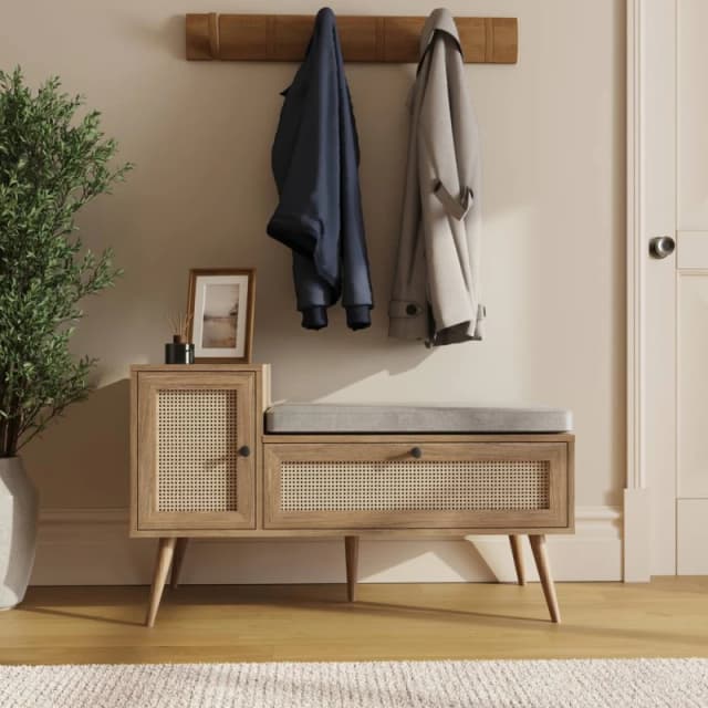 GFW Noor Rattan 2 Door Shoe Cabinet in Light Oak Light Oak Unisex