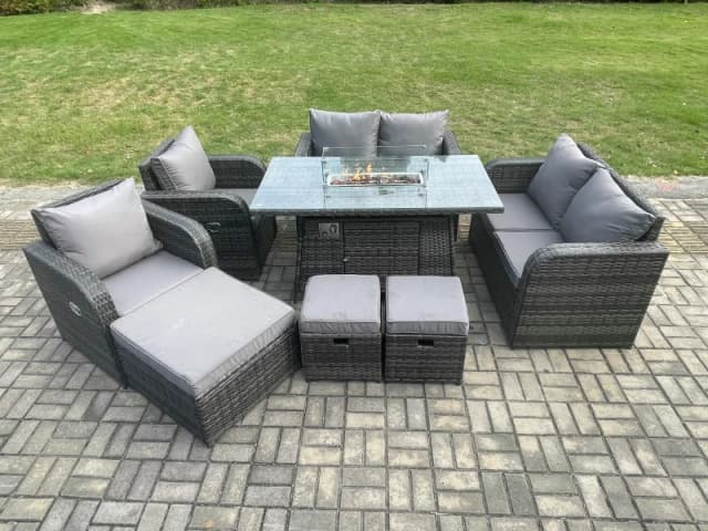Fimous 9 Seater Rattan Garden Furniture Set Propane Gas Fire Pit Table and Sofa Chair set with 3 Footstool Dark Grey