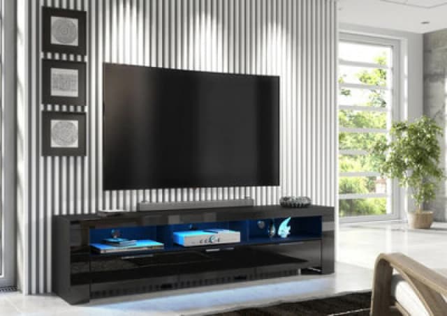 Furneo 200Cm Black Long TV Stand Unit Cabinet Matt & High Gloss Blue LED Lights Phantom 10